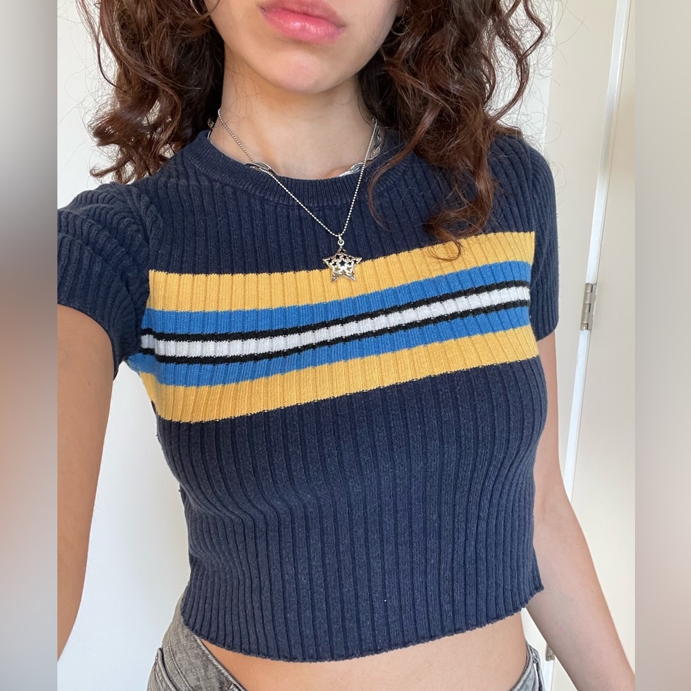 [SOLD] urban outfitters striped knitted cropped short sleeve top in navy